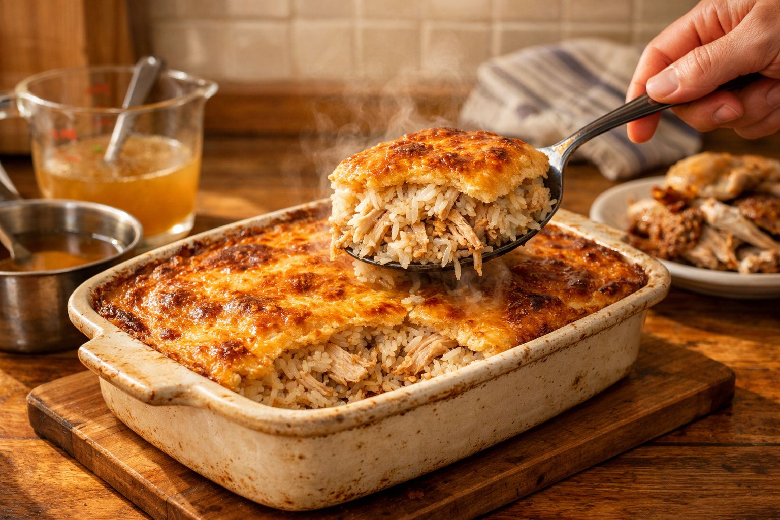 Arroz de forno com frango, com crosta dourada, servido numa colher sobre a travessa.