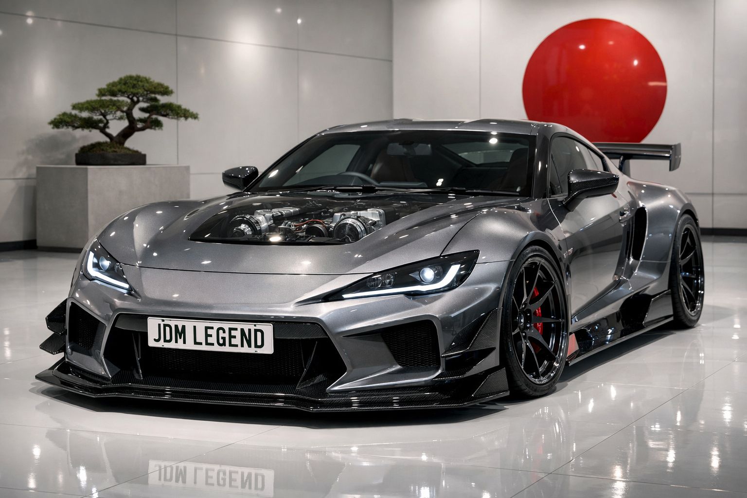 Carro desportivo cinzento metálico com motor visível no capô e placa frente JDM LEGEND num espaço moderno.