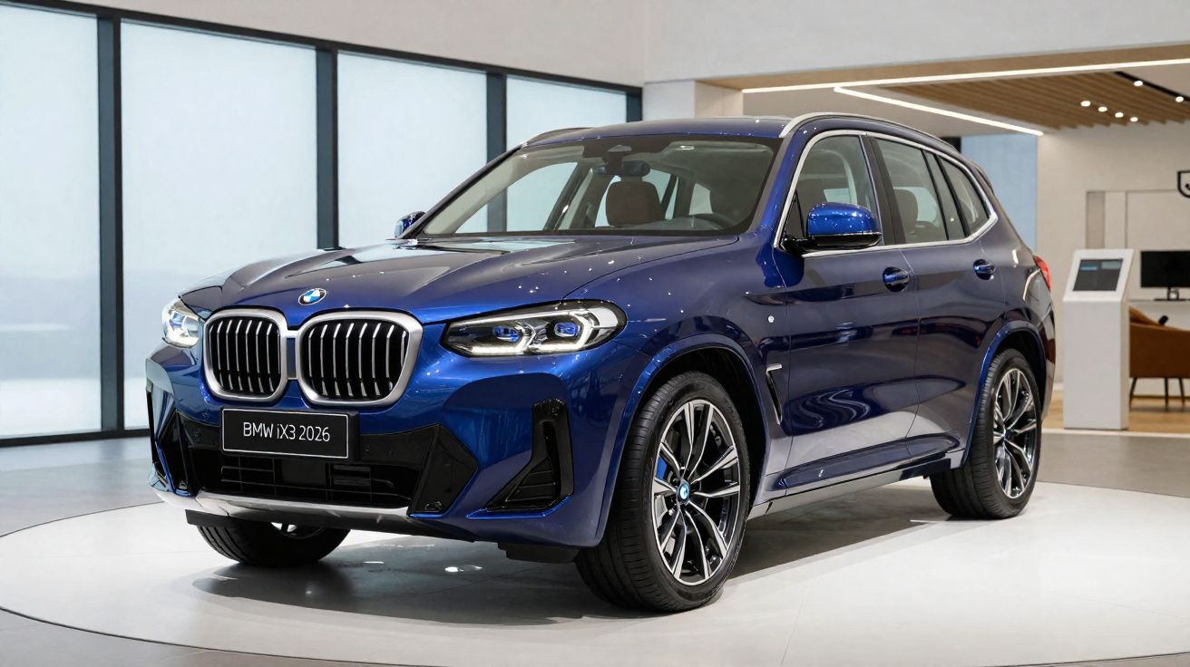 BMW iX3 2026 azul exibido num showroom moderno com janelas grandes e luz natural.
