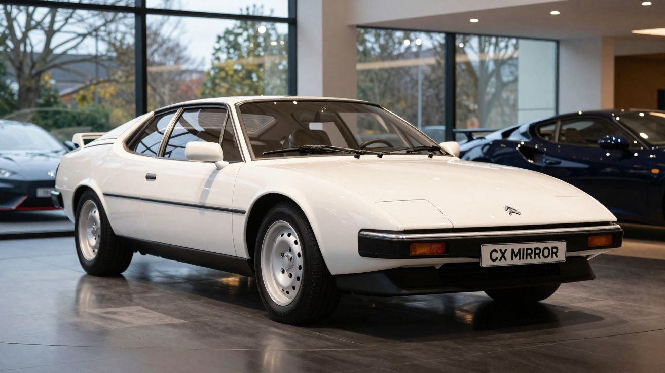 Carro desportivo clássico branco Citroën CX Mirror numa exposição interior moderna.