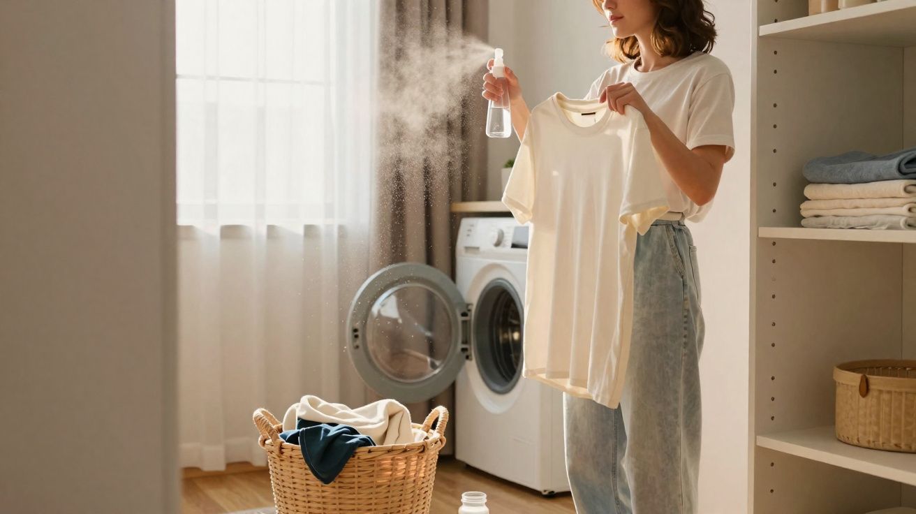 Mulher a borrifar spray numa t-shirt branca numa lavandaria com máquina de lavar e cesta de roupa.