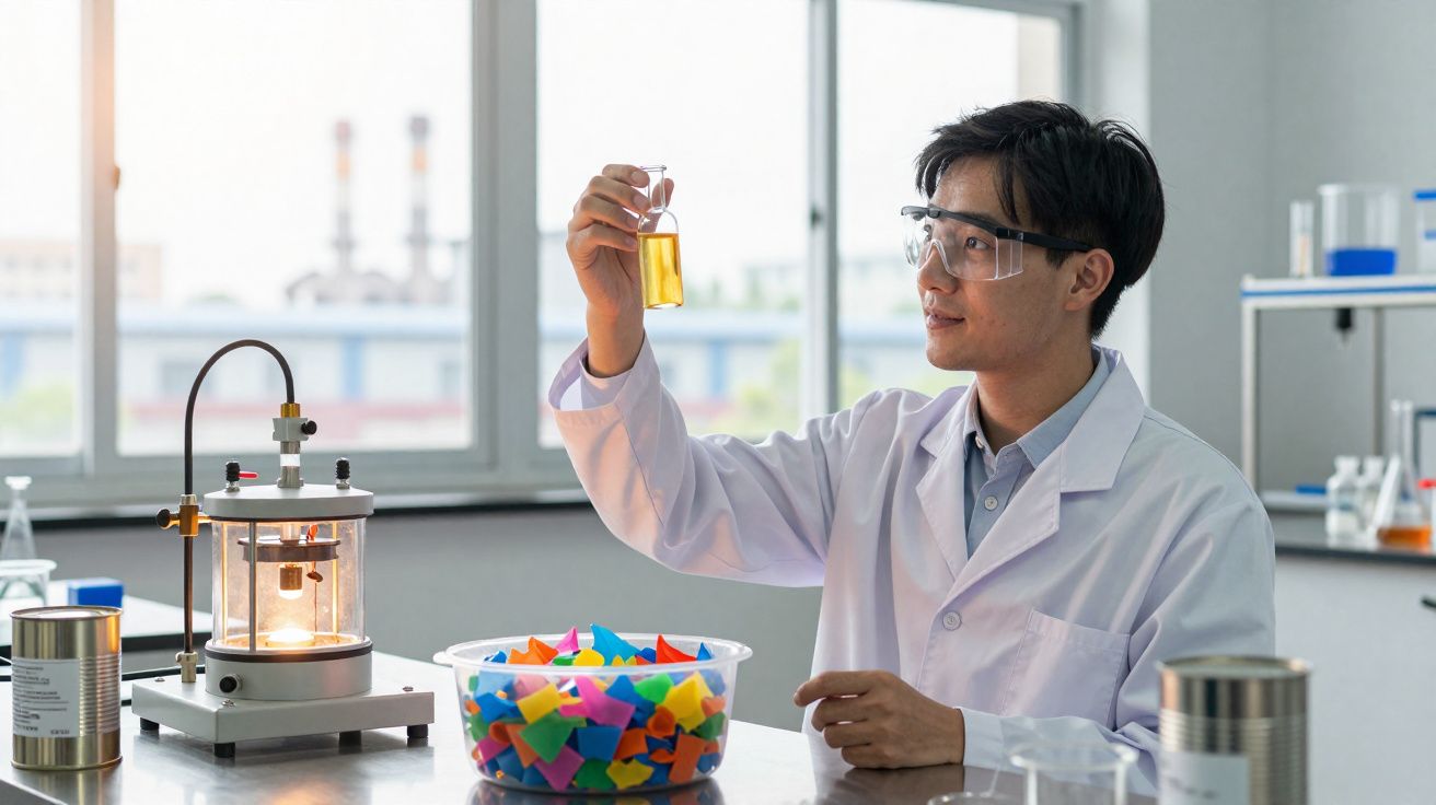 Cientista em laboratório segura frasco com líquido amarelo, usando bata branca e óculos de proteção.