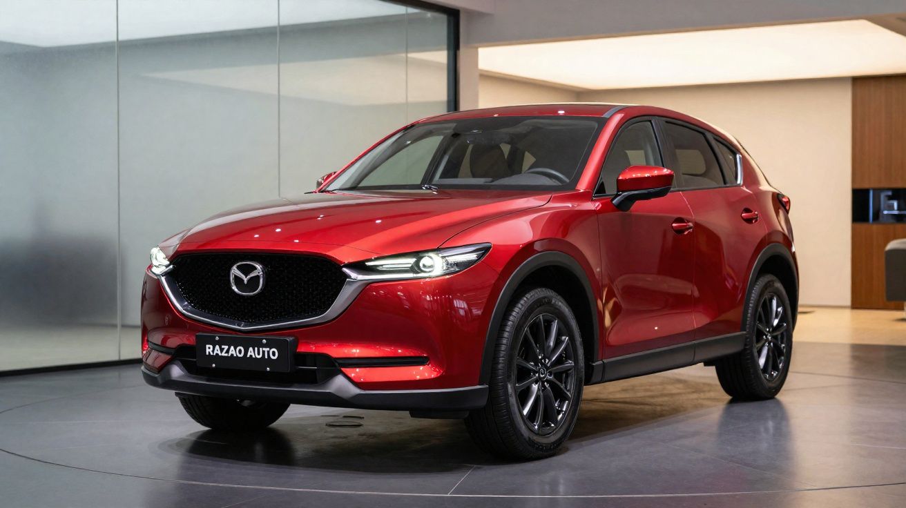 Carro SUV Mazda vermelho exposto em showroom moderno com piso escuro e paredes claras.