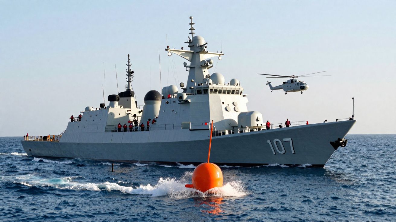 Navio de guerra cinzento com tripulação, bóia laranja e helicóptero sobrevoando o mar calmo.