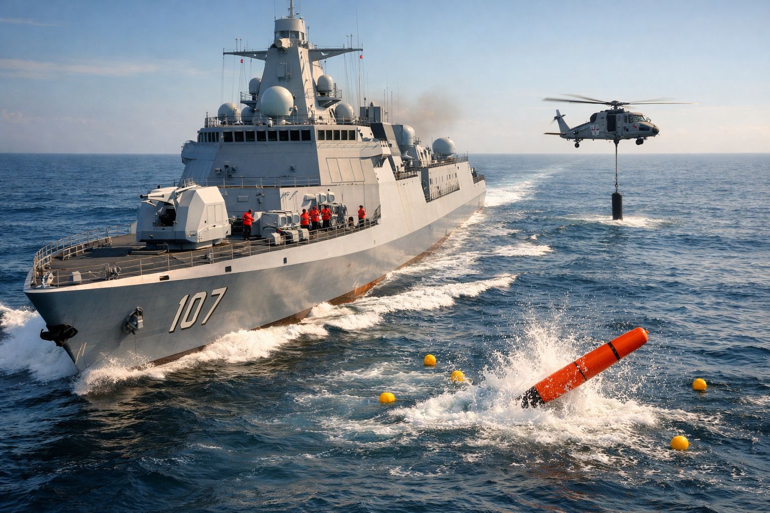 Navio de guerra a navegar no mar com helicóptero transportando objeto e bóia laranja na água.