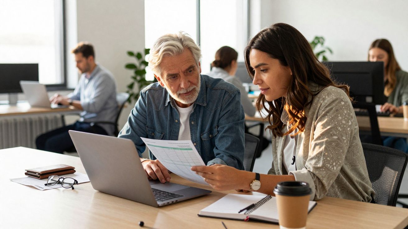 Dois colegas de escritório a analisar documentos juntos num ambiente de trabalho moderno.
