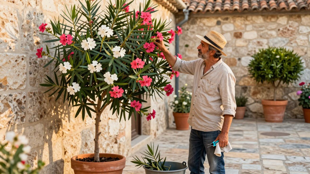 Homem com chapéu cuida de planta florida em vaso grande num pátio com paredes de pedra.