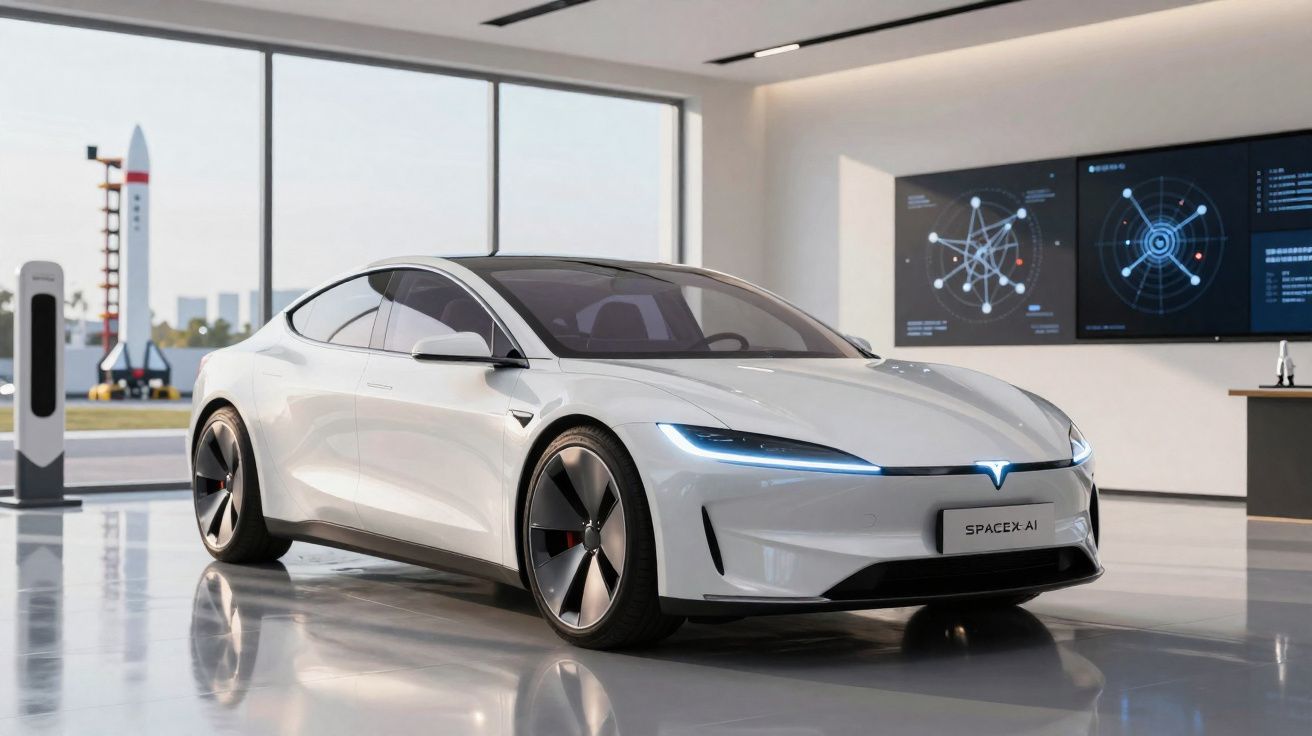 Carro elétrico Tesla branco num espaço moderno com janelas grandes e três ecrãs digitais na parede.