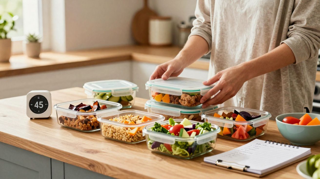 Pessoa a guardar alimentos saudáveis em recipientes de vidro numa cozinha iluminada e organizada.