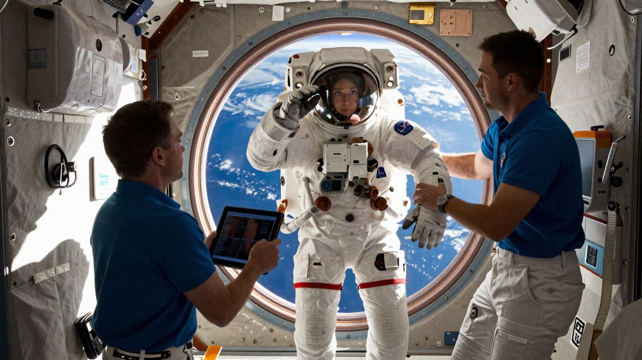 Astronauta em fato espacial a flutuar dentro de estação espacial com duas pessoas a auxiliá-lo.