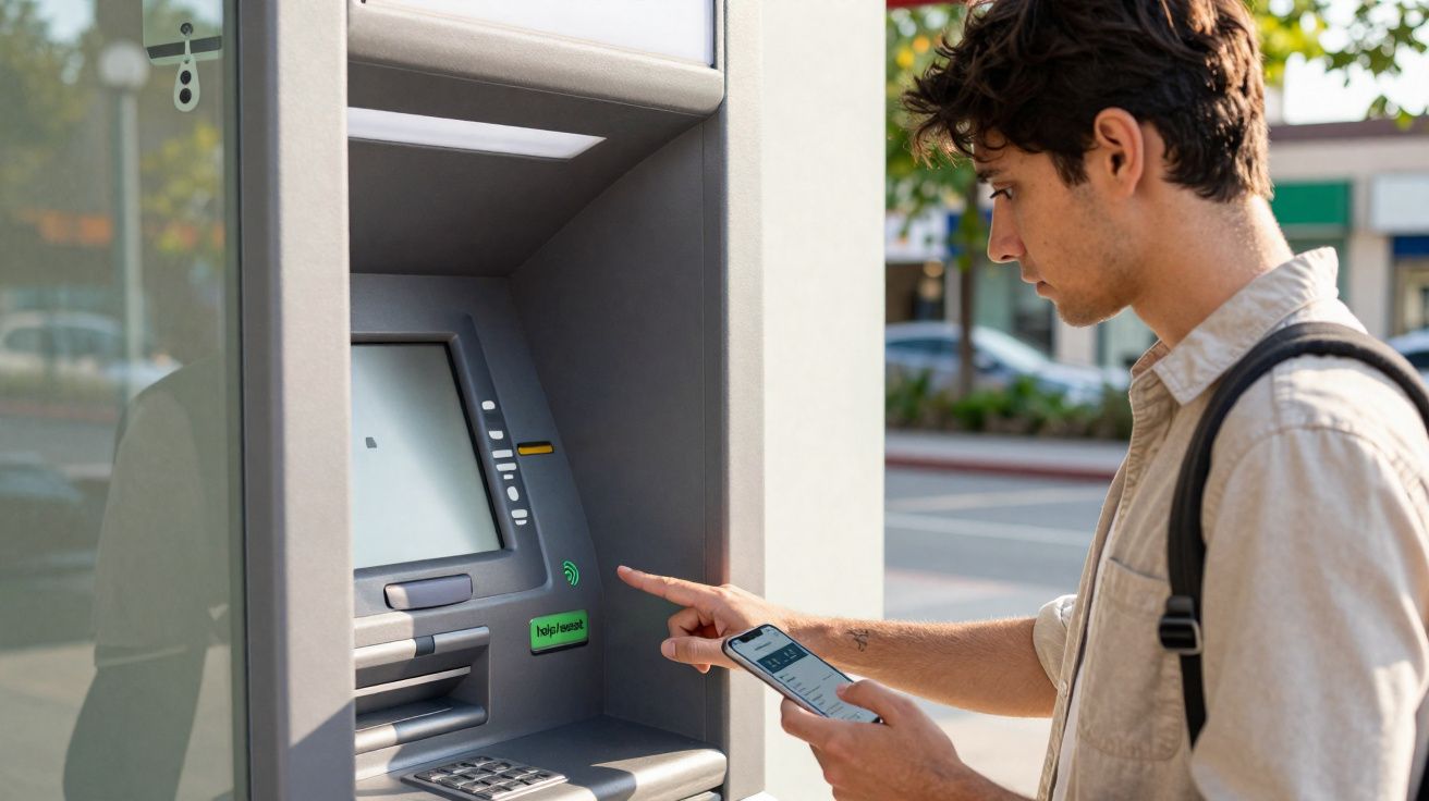 Homem utiliza multibanco na rua enquanto consulta o telemóvel com mochila às costas.