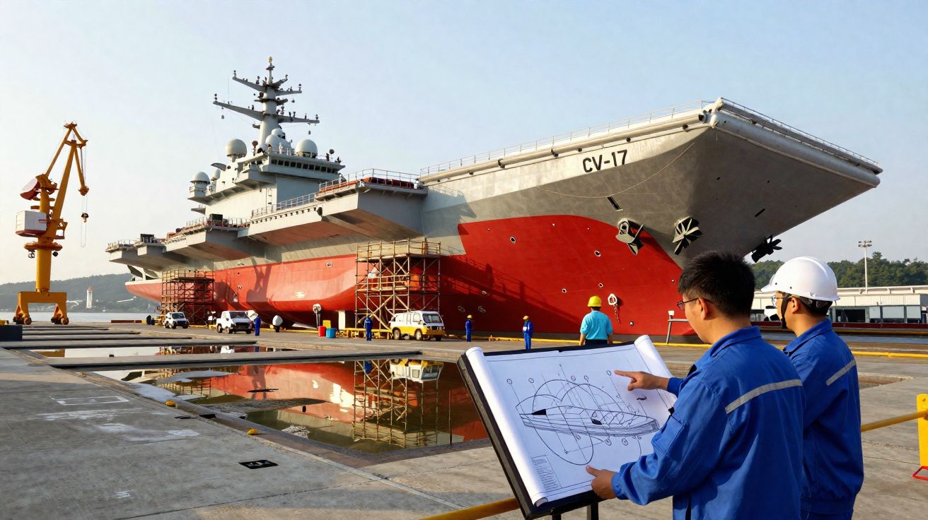 Dois engenheiros revisam planos junto a um porta-aviões cinza e vermelho no estaleiro naval.