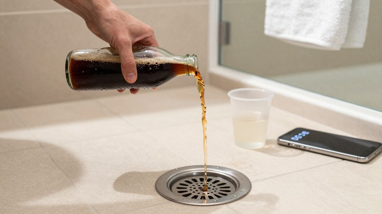 Mão a deitar refrigerante de garrafa para o ralo do chão numa casa de banho com telemóvel e copo plástico.