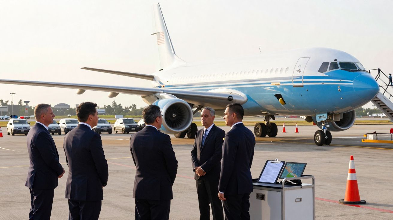 Cinco homens de fato conversam junto a um avião branco e azul numa pista de aeroporto ao amanhecer.