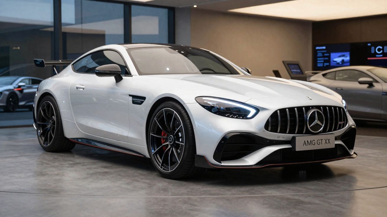 Carro desportivo Mercedes-AMG GT XX branco numa exposição interior com iluminação moderna.