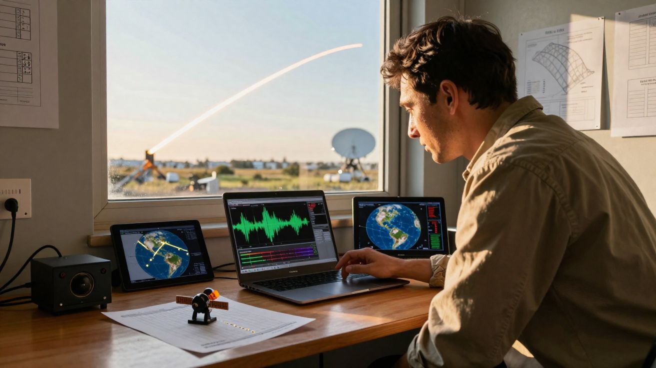 Homem a analisar dados de satélite e ondas sonoras num computador junto a uma janela com antena parabólica ao fundo.