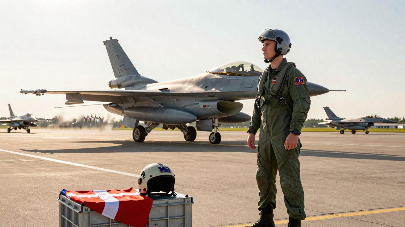 Piloto militar em fato verde e capacete junto a caça F-16 na pista de um aeroporto durante o dia.
