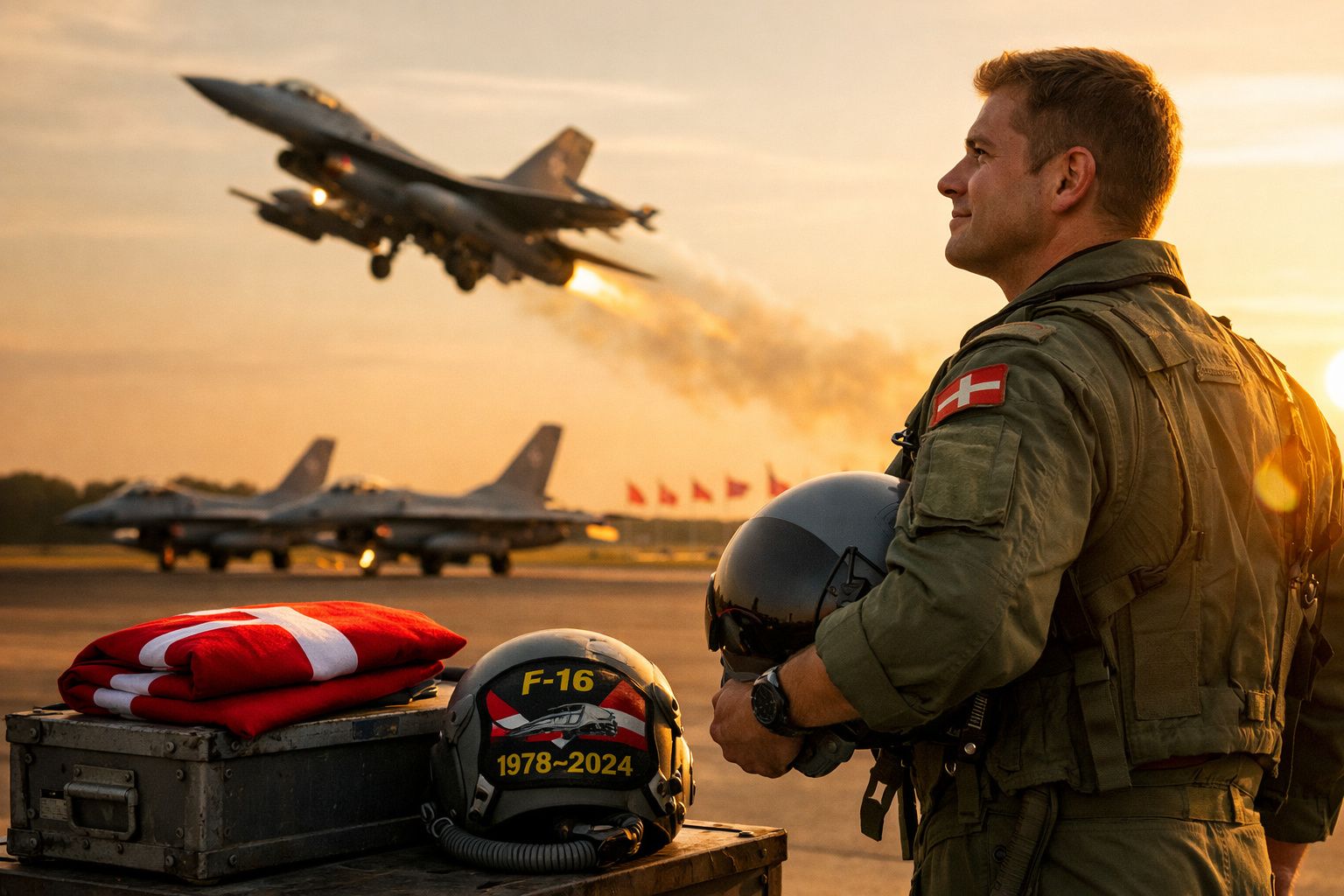 Piloto militar com capacete observa F-16 a levantar voo ao pôr do sol numa base aérea.