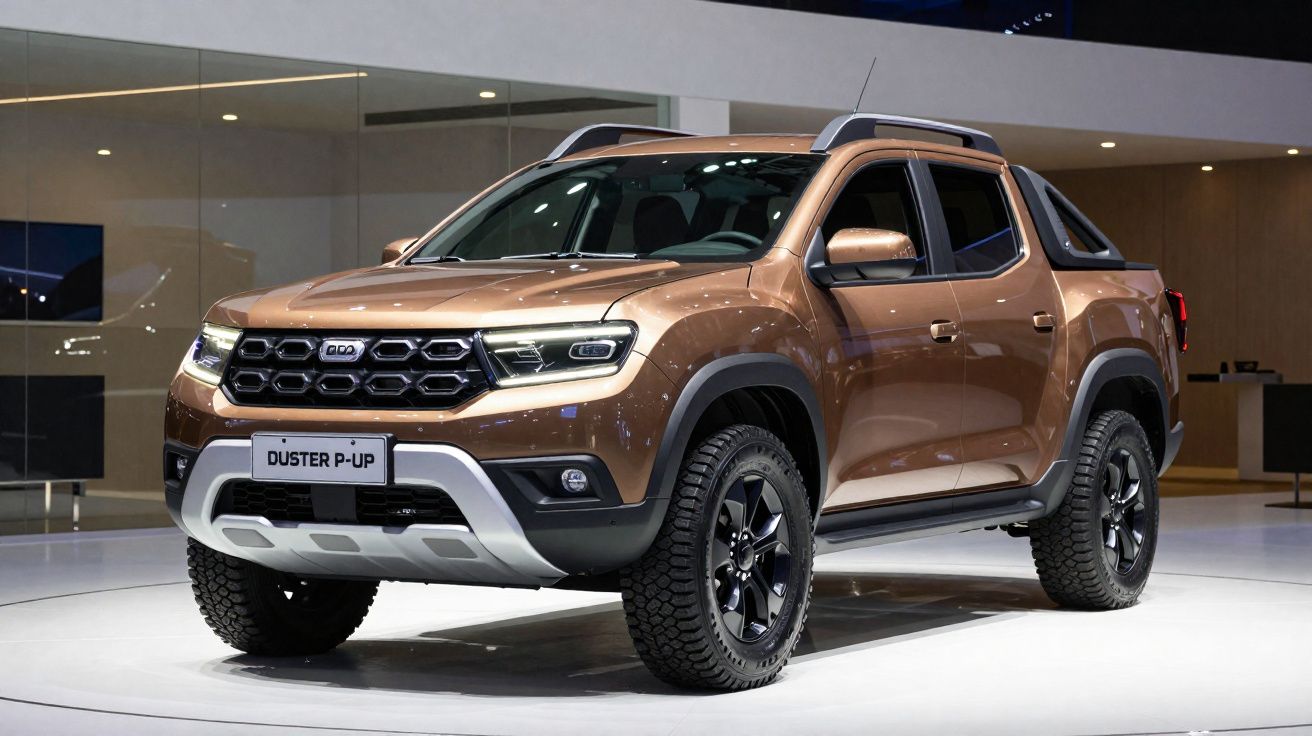 Pickup Dacia Duster P-Up castanha exibida em stand moderno com luzes LED e design robusto.