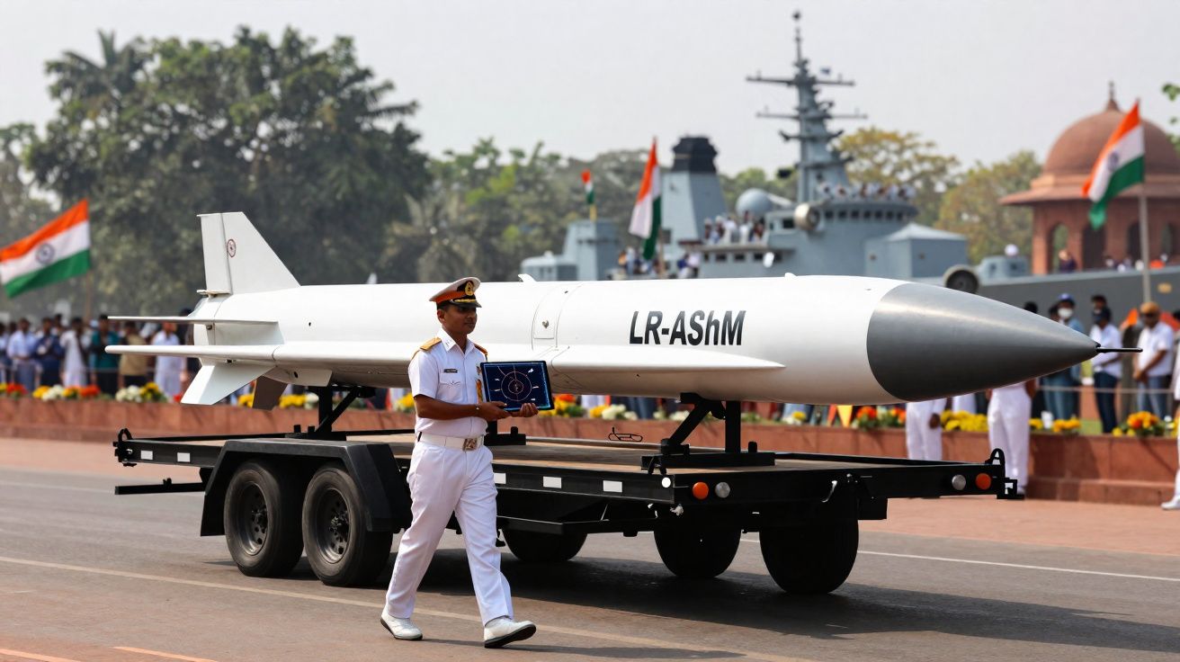 Oficial naval indiano a desfilar com mísseis numa carreta durante cerimónia militar ao ar livre.