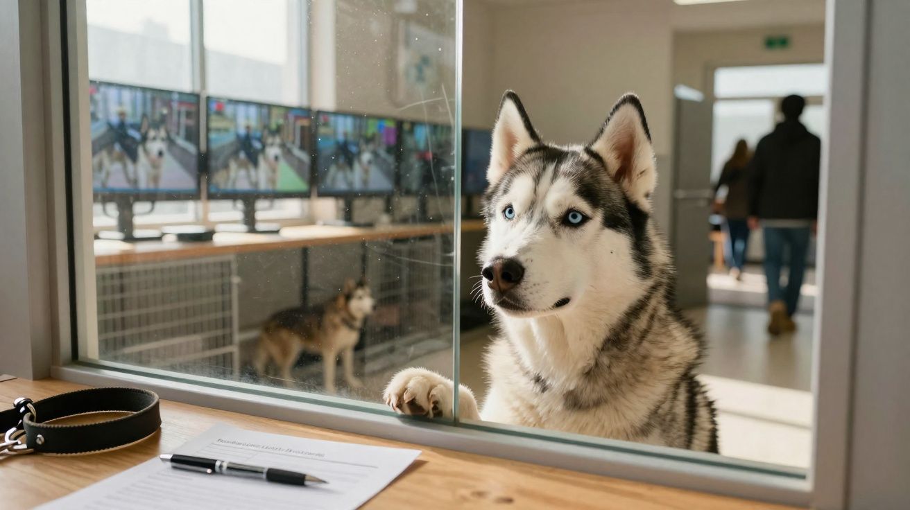 Cão husky cinzento com olhos azuis atrás de vidro numa clínica veterinária.