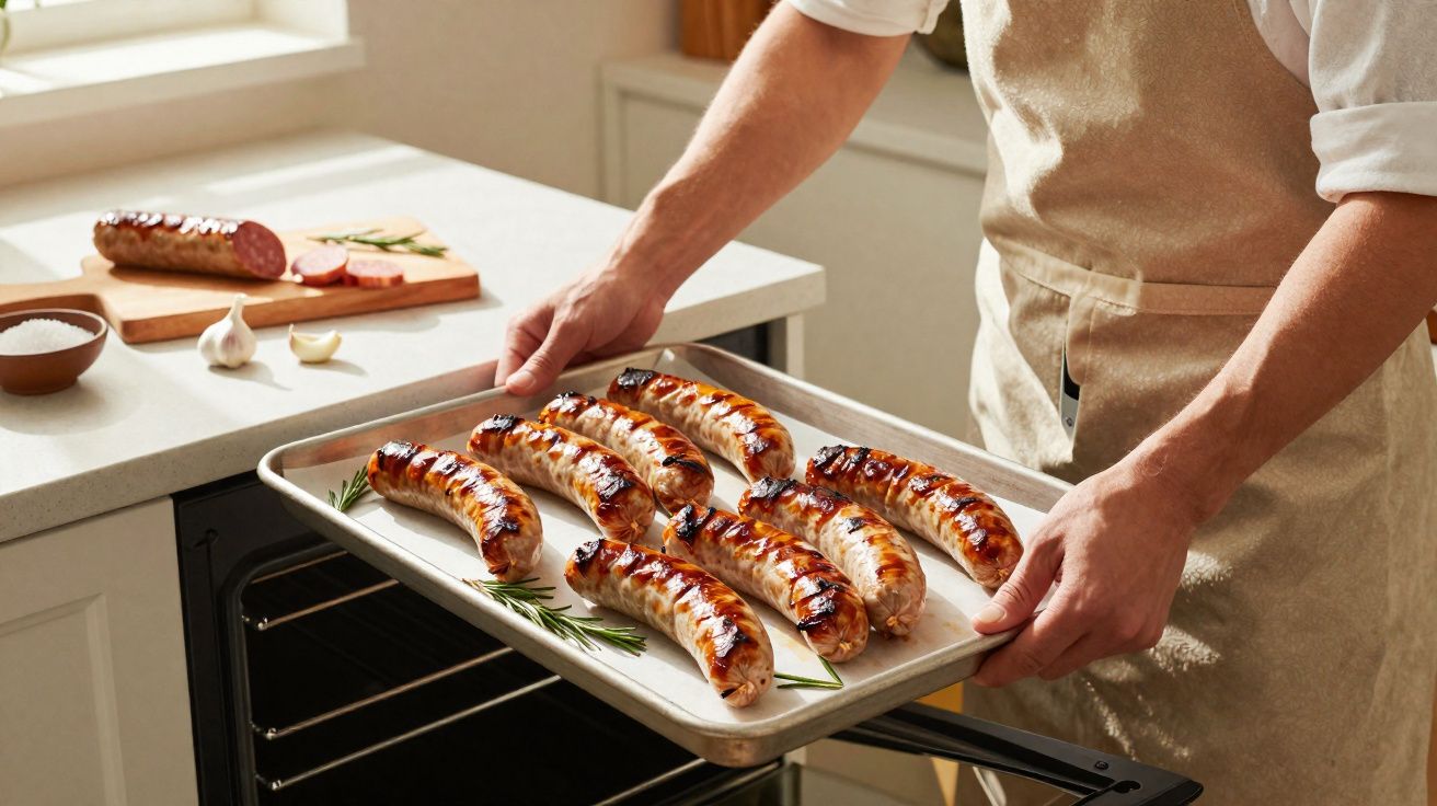 Pessoa a retirar tabuleiro com salsichas grelhadas do forno numa cozinha luminosa e moderna.