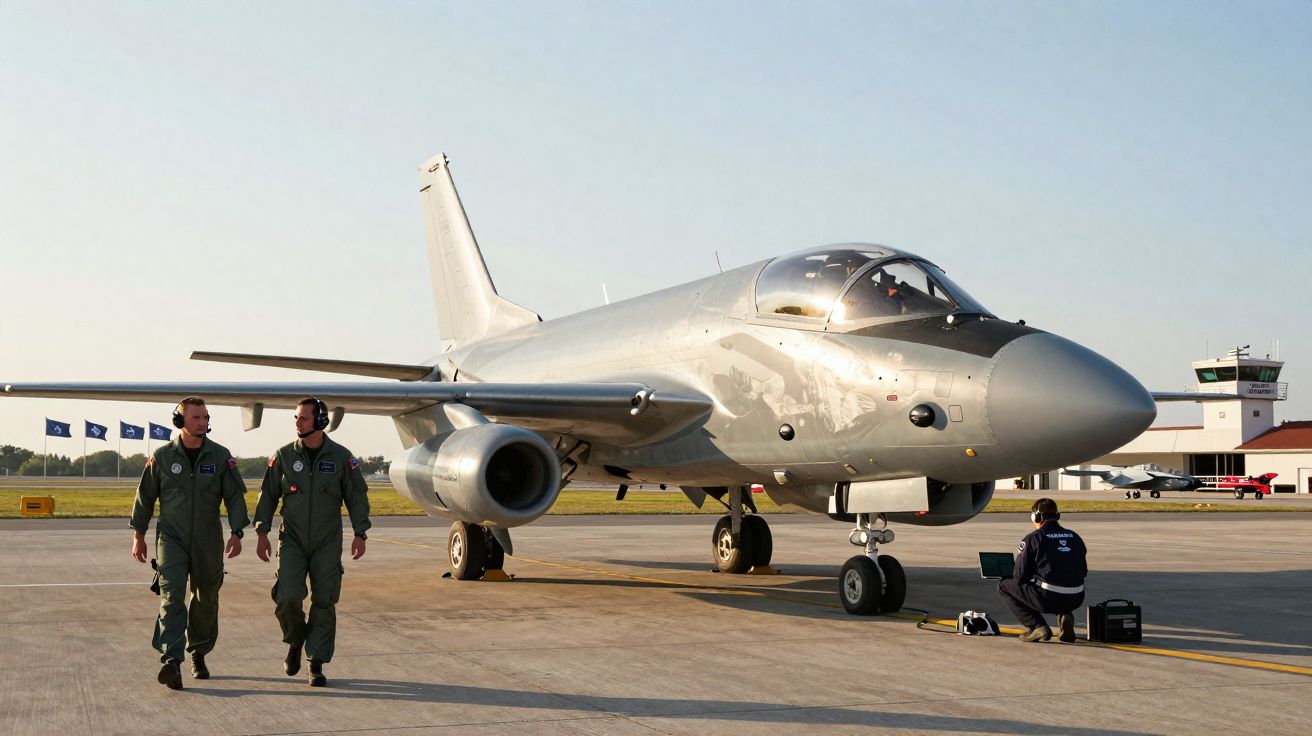 Avião militar cinzento estacionado numa pista com dois pilotos a caminhar e um técnico a trabalhar no computador.