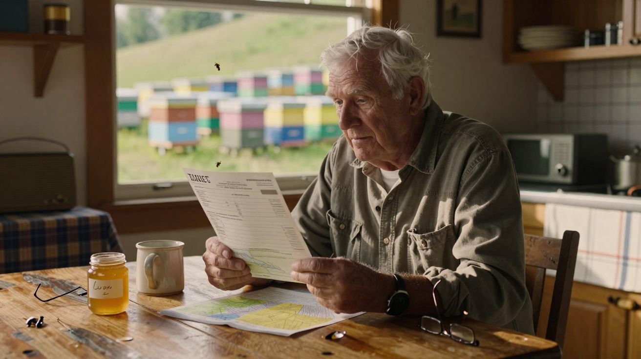 Idoso sentado a uma mesa de madeira, a ler um papel, com potes de mel e abelhas ao redor numa cozinha.