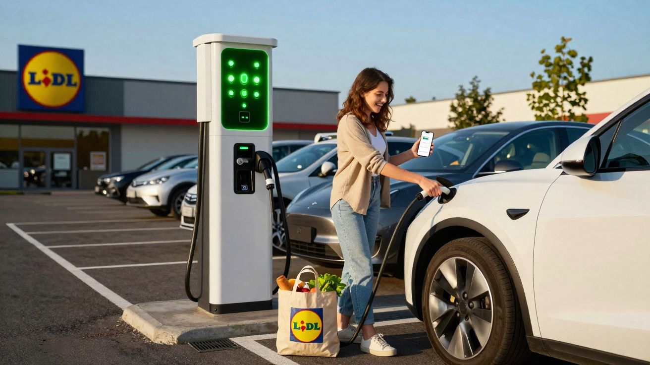 Mulher a carregar carro elétrico em posto de carregamento no parque de estacionamento de um Lidl.