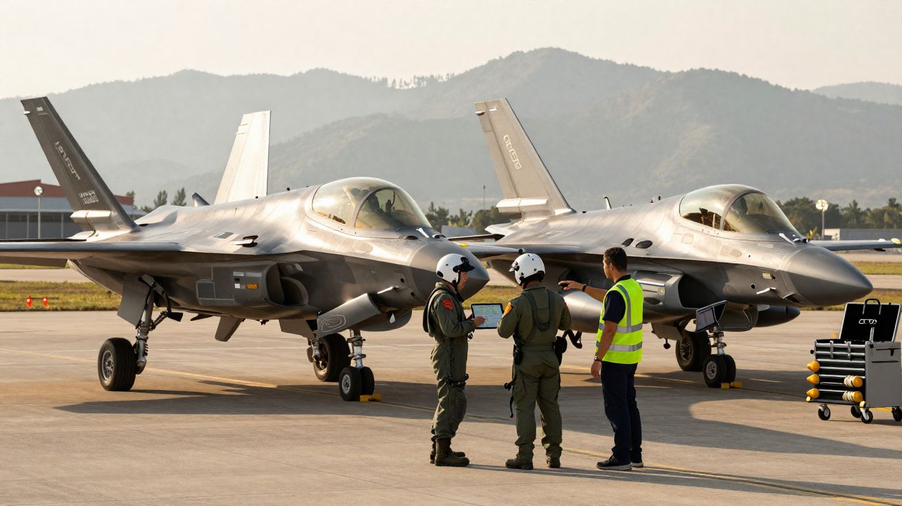 Dois caças militares estacionados numa pista com três homens em uniforme a discutir perto deles.