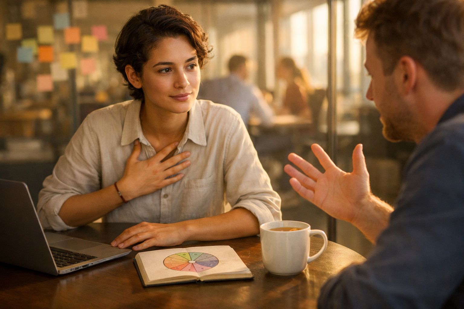 Mulher a ouvir atentamente um homem durante conversa num café, com gráfico colorido à frente e portátil aberto.