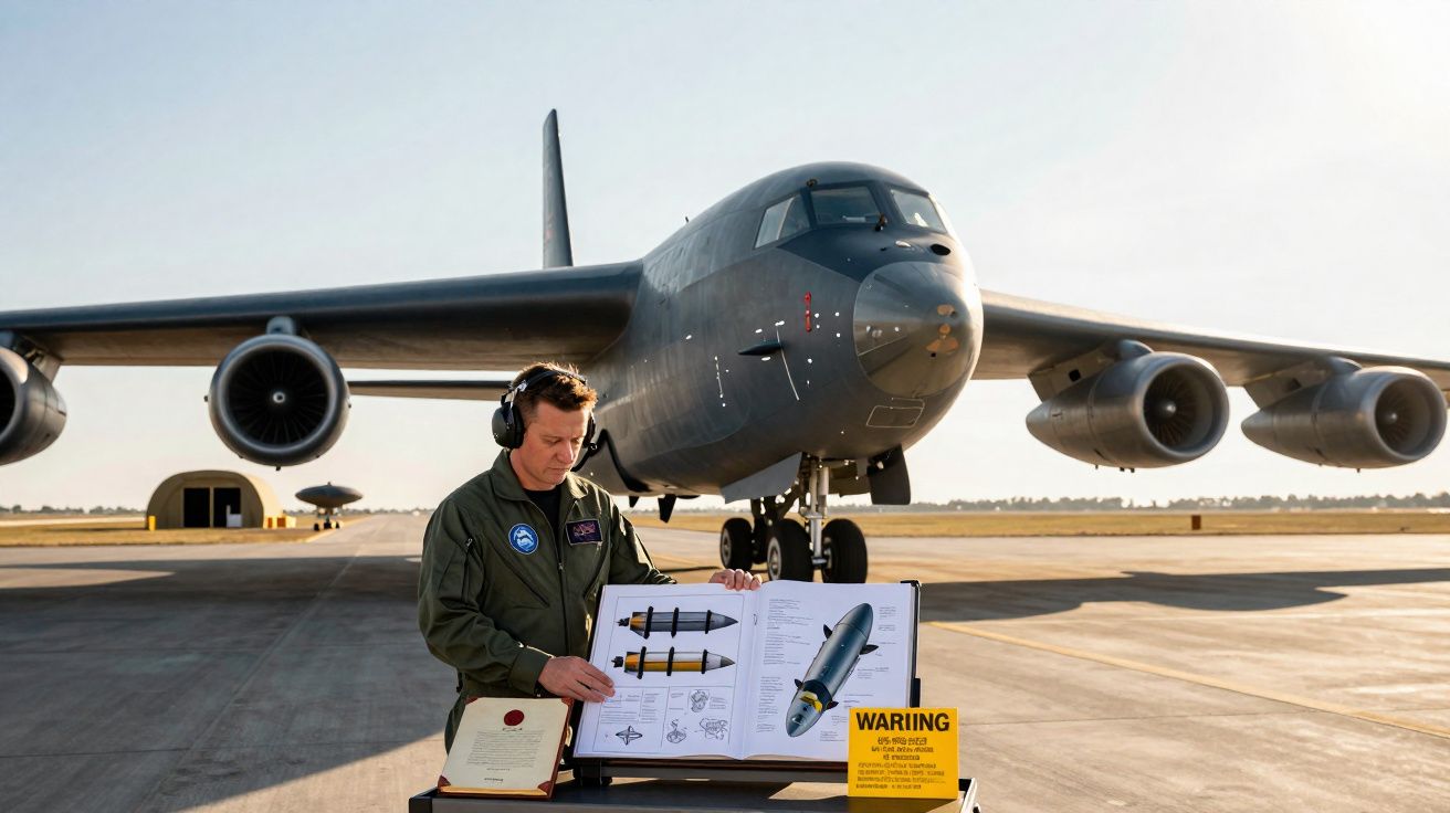 Homem em uniforme militar apresenta livro com ilustrações de armas à frente de avião b-52 estacionado na pista.