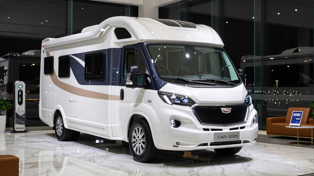 Autocaravana branca moderna à venda em espaço interior com chão de mármore e estação de carregamento elétrica.