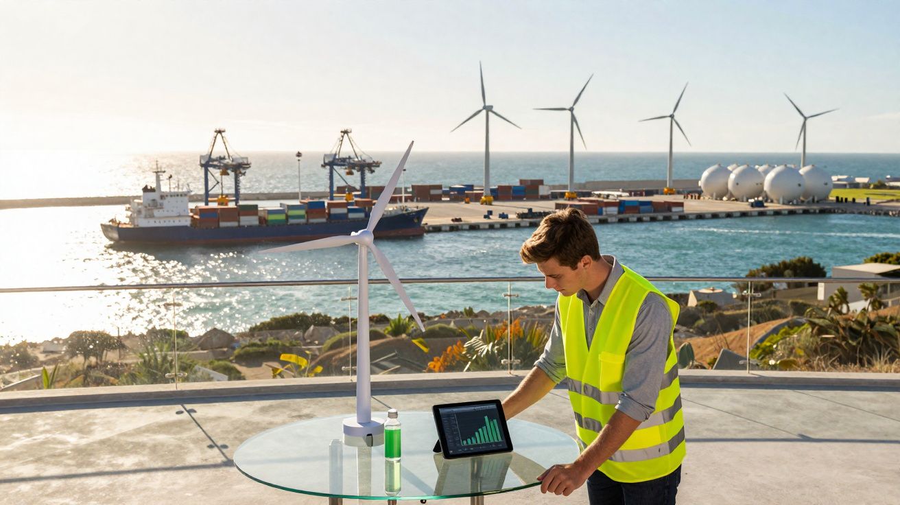 Homem com colete refletor analisa gráficos em tablet junto a modelo de turbina eólica em porto marítimo.