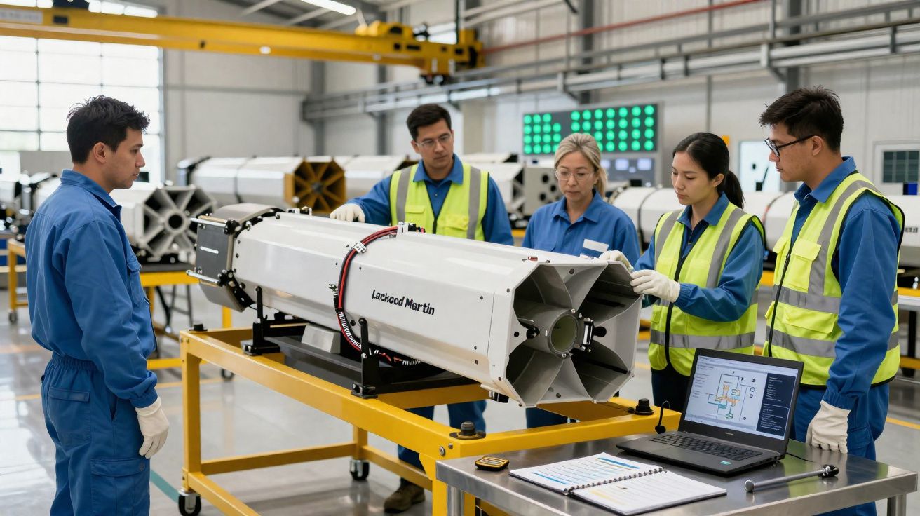 Engenheiros e técnicos em uniforme azul e coletes a analisar componente aeroespacial numa oficina moderna.