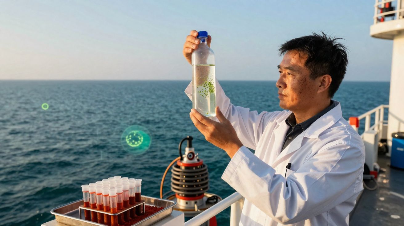Cientista em bata branca analisa amostra de água com microalgas a bordo de barco no mar.