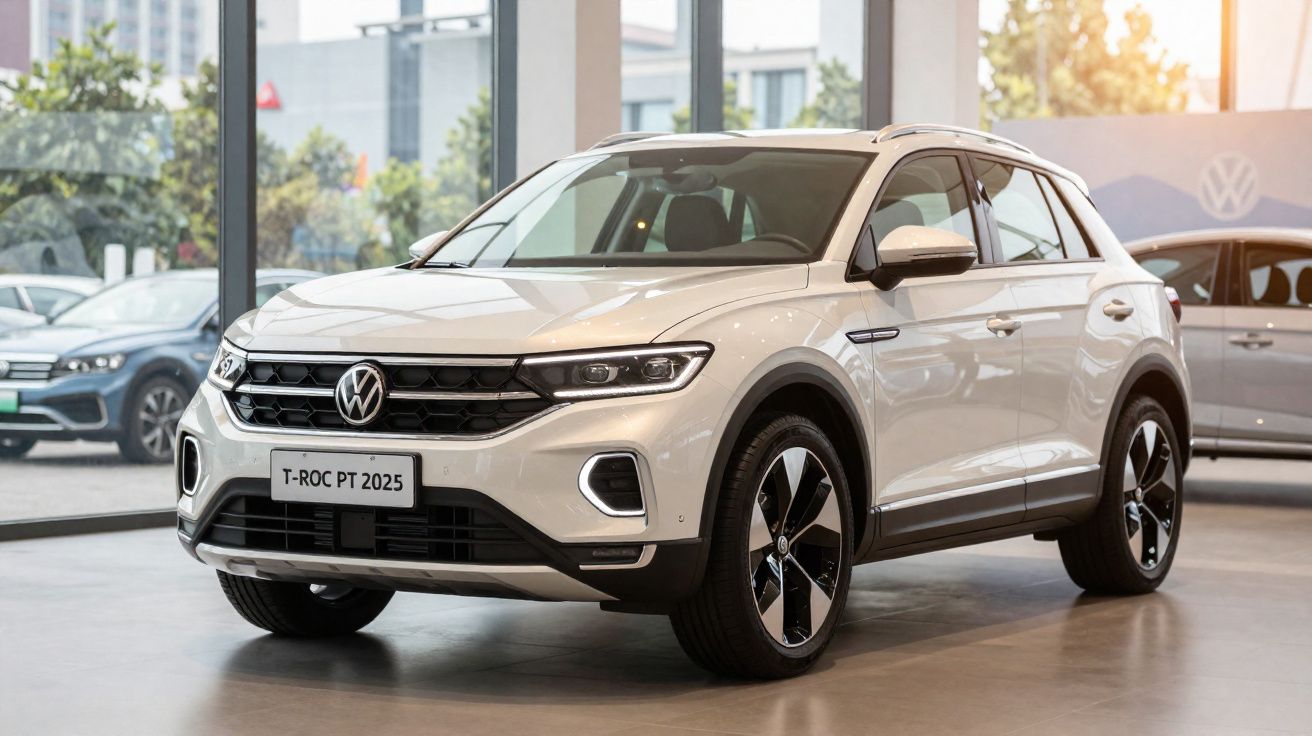 Carro SUV Volkswagen T-Roc 2025 branco exibido numa showroom moderna com grandes janelas.
