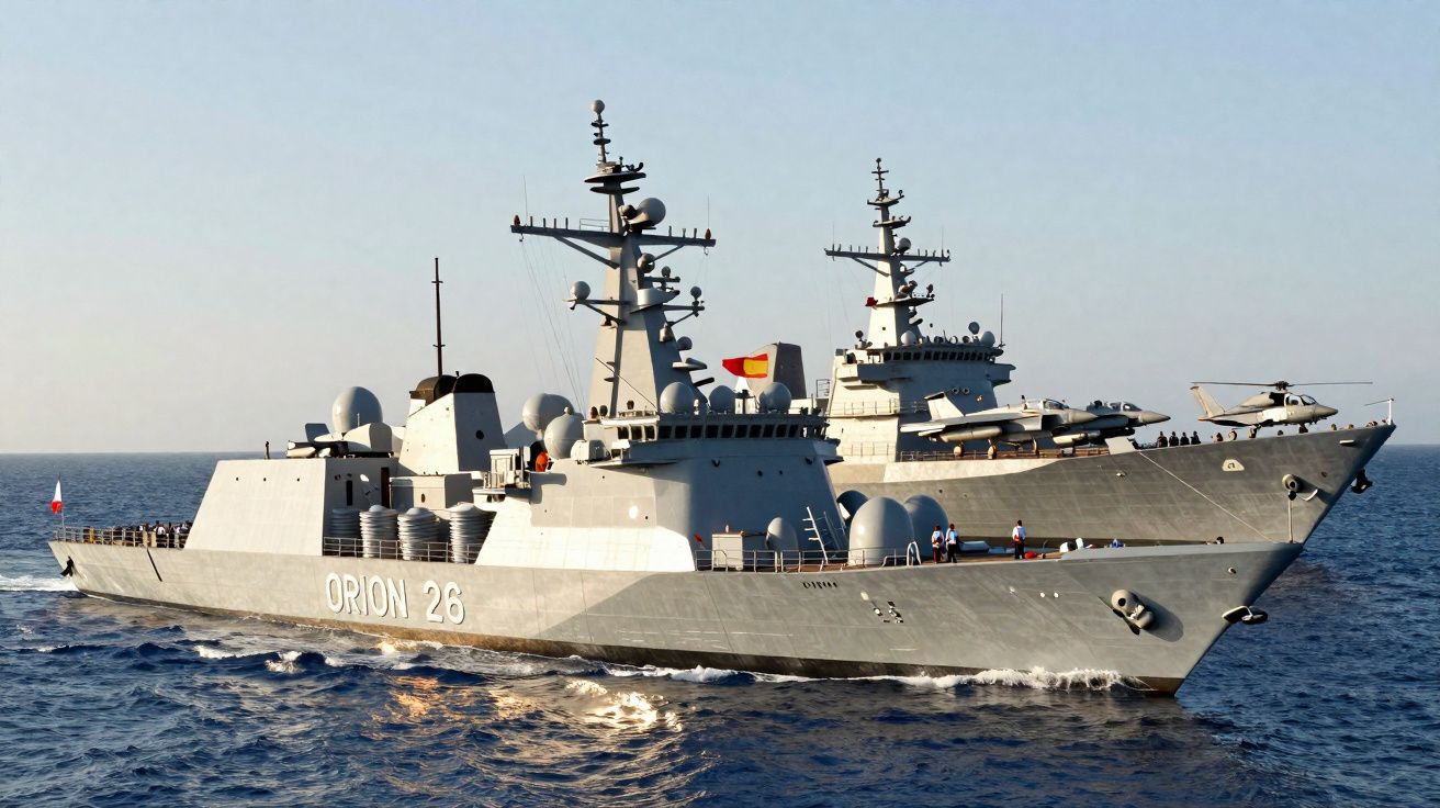 Dois navios militares cinzentos a navegar em mar calmo sob céu limpo.