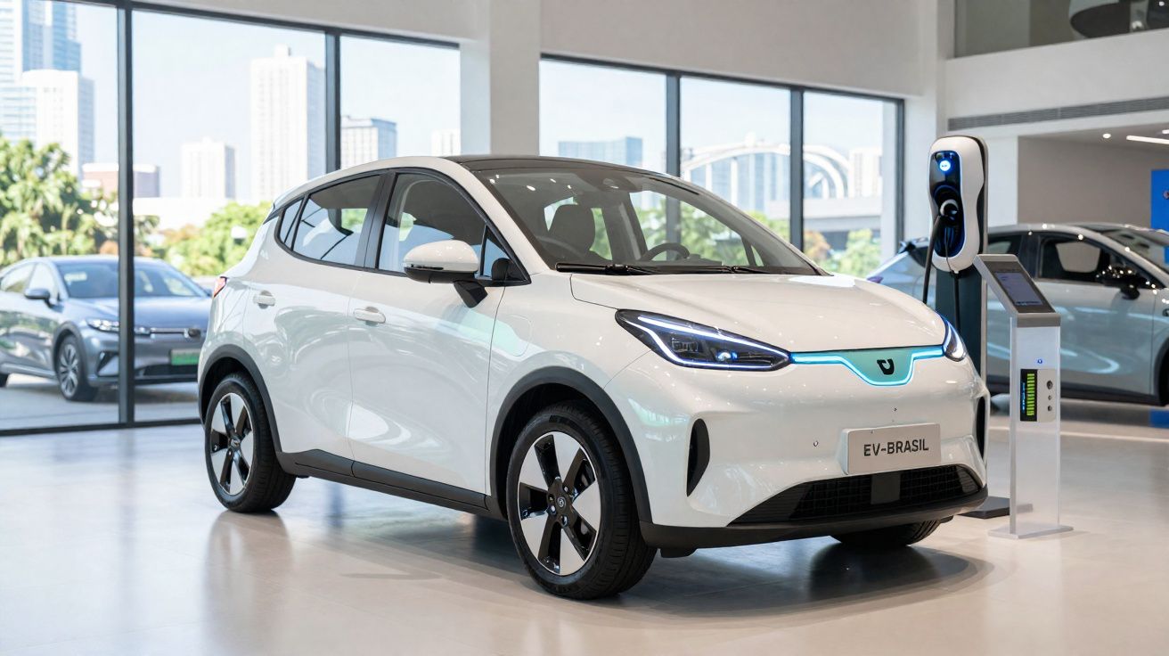 Carro elétrico branco estacionado em posto de carregamento numa loja com janelas grandes e vista da cidade.
