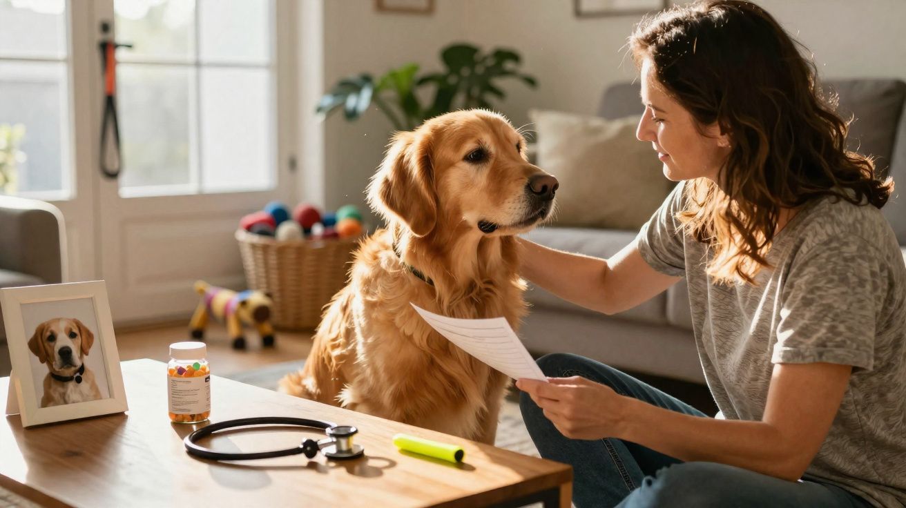 Mulher cuida de cão dourado, segurando documento, numa sala com brinquedos e material veterinário.