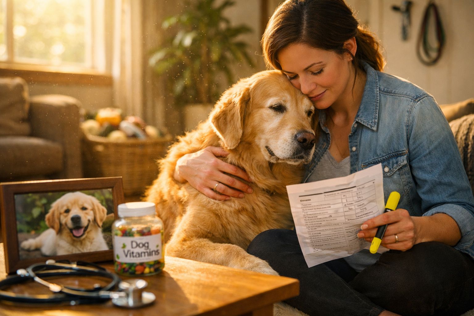 Mulher abraça cão golden retriever enquanto vê documentos numa sala acolhedora com vitaminas para cães na mesa.