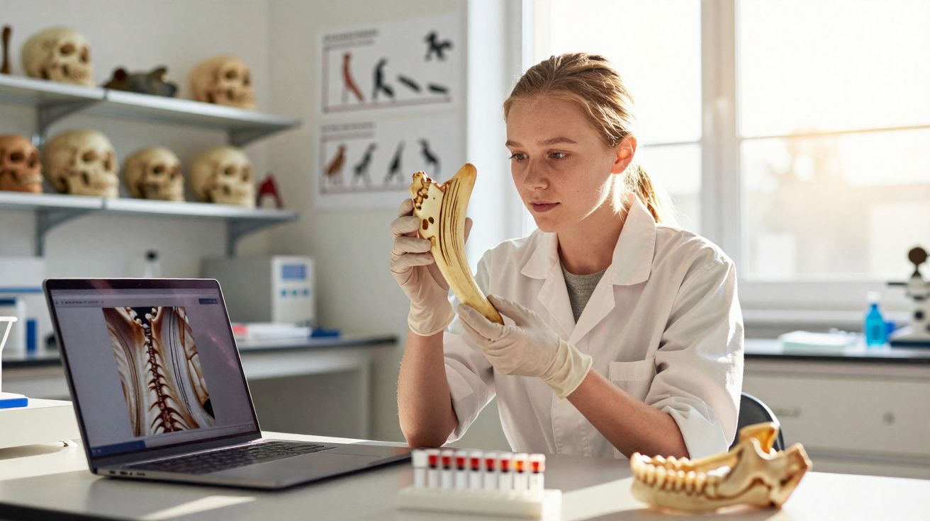 Mulher cientista examina modelo de mandíbula em laboratório de anatomia com crânios e coluna vertebral no fundo.
