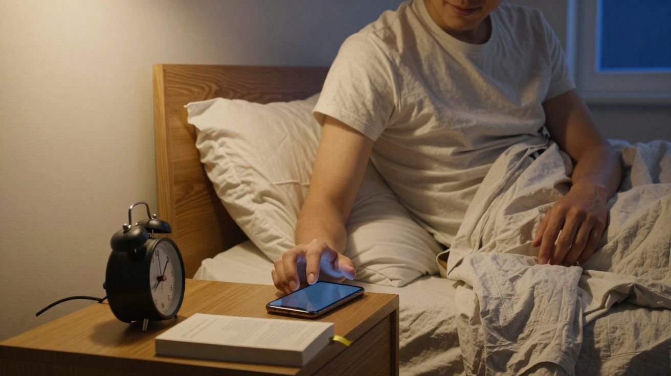Homem na cama a desligar o despertador no telemóvel, com livro e despertador na mesa de cabeceira.