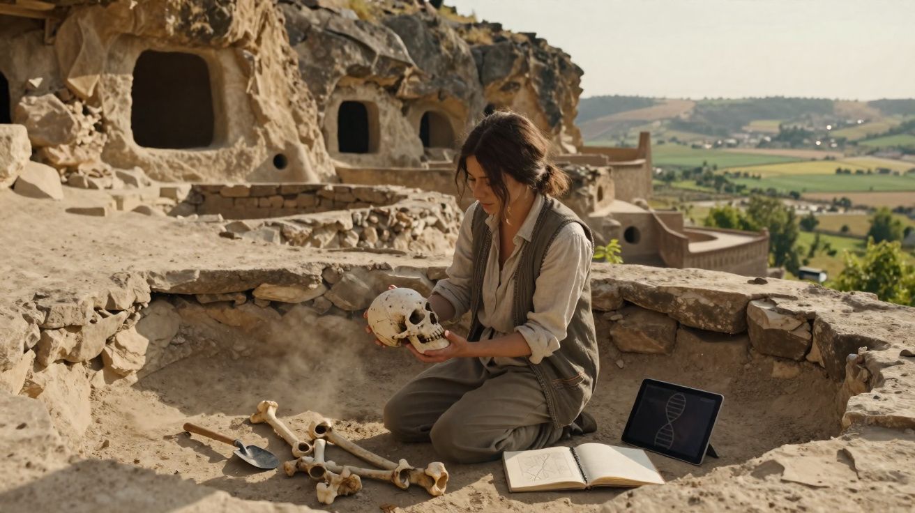 Mulher arqueóloga examina crânio humano em escavação junto a ossos, livro aberto e tablet com imagem de ADN.