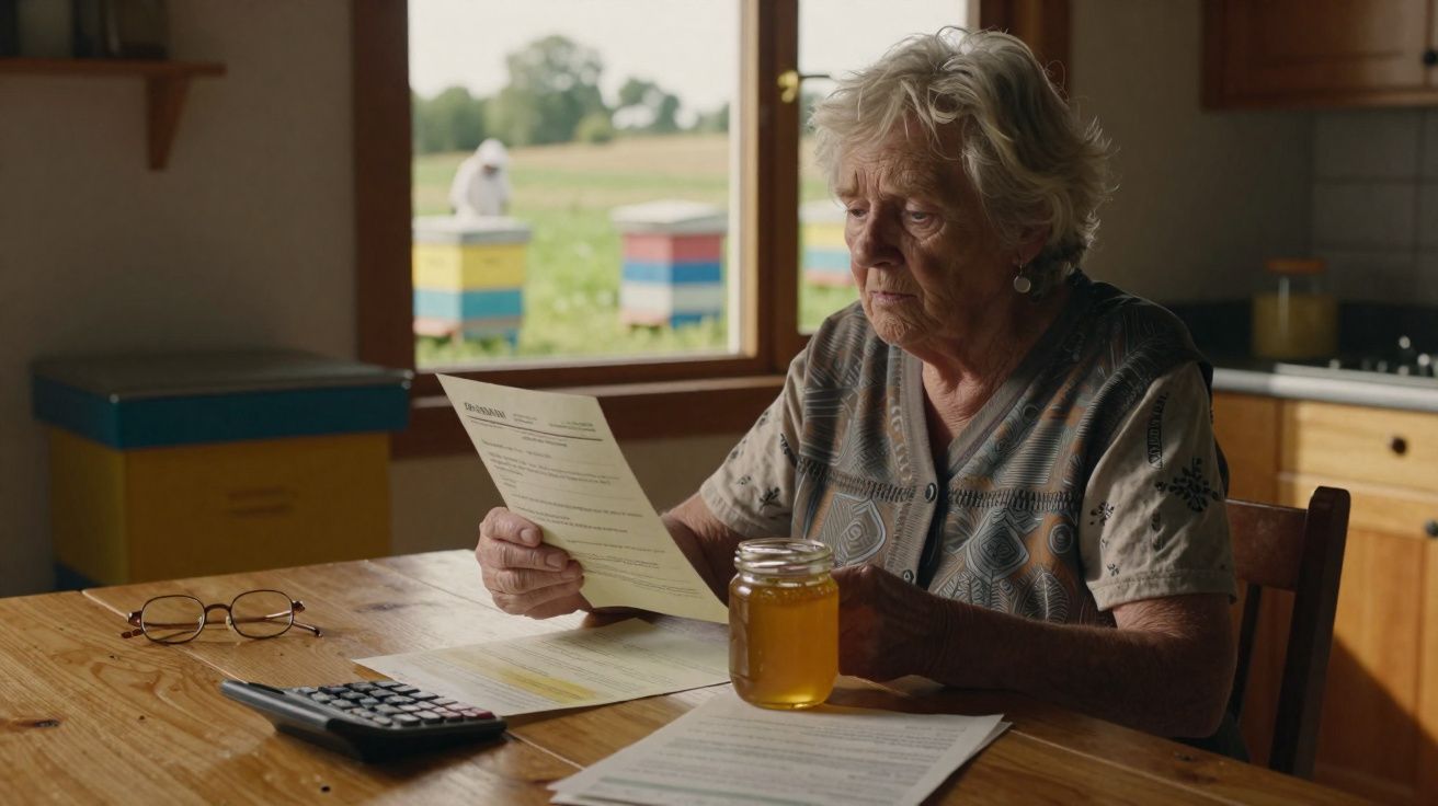 Idosa sentada à mesa a ler documentos, com frasco de mel, calculadora e abelha atrás da janela.
