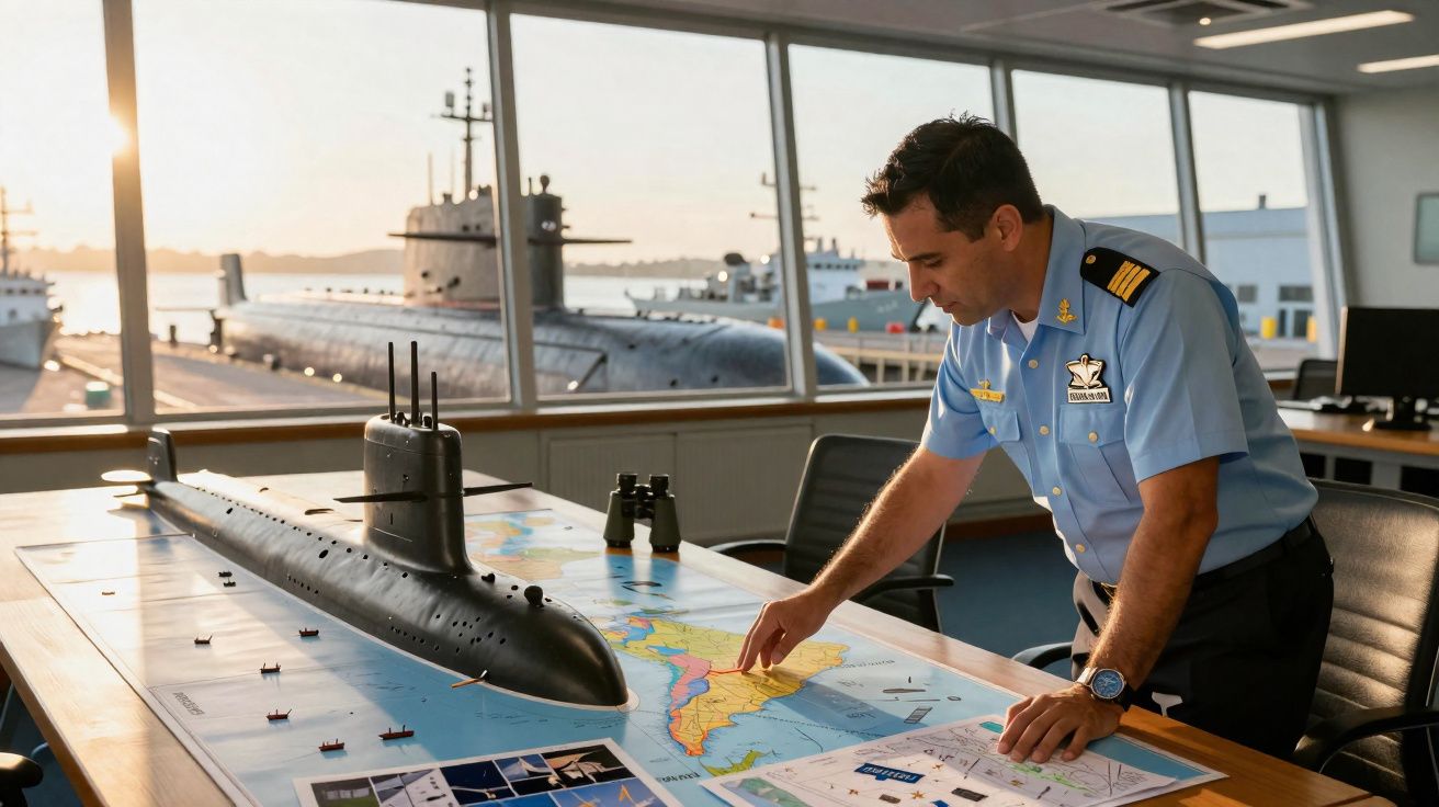 Oficial naval em uniforme azul analisa mapa com modelo de submarino numa sala com vista para o porto ao pôr do sol.