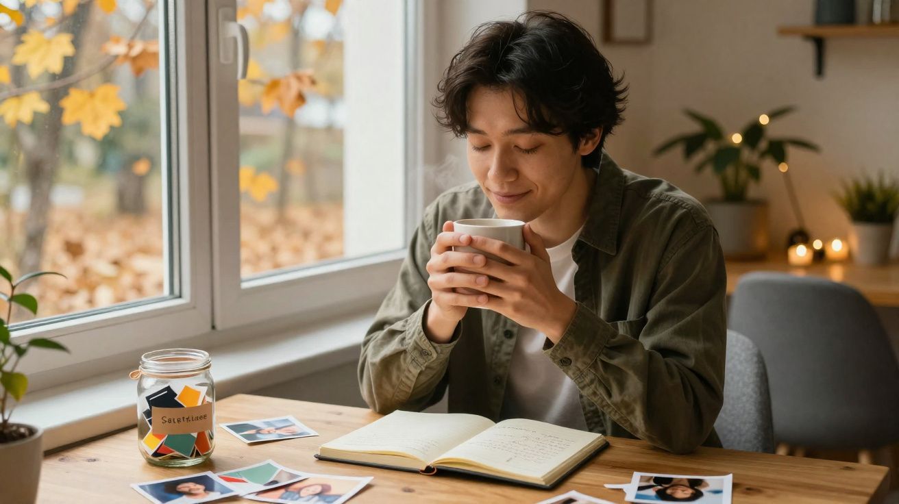 Pessoa jovem sentada à mesa com caderno aberto, a segurar uma chávena e a olhar pela janela numa tarde de outono.