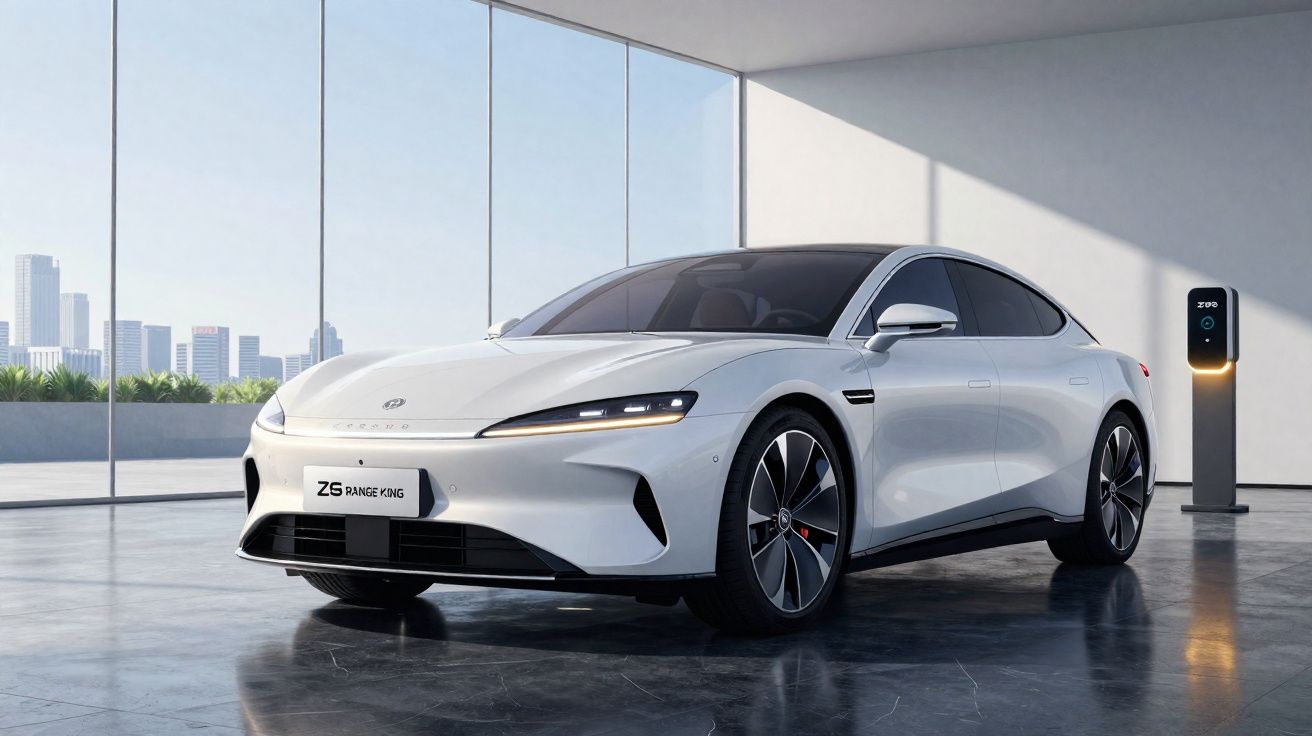 Carro elétrico branco moderno estacionado numa sala com paredes de vidro e estação de carregamento Zoe.