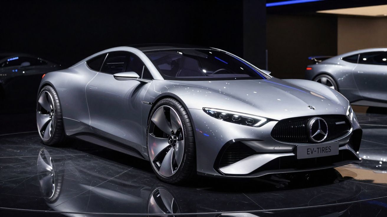 Carro desportivo elétrico Mercedes-Benz prata exposto numa sala com chão refletor.