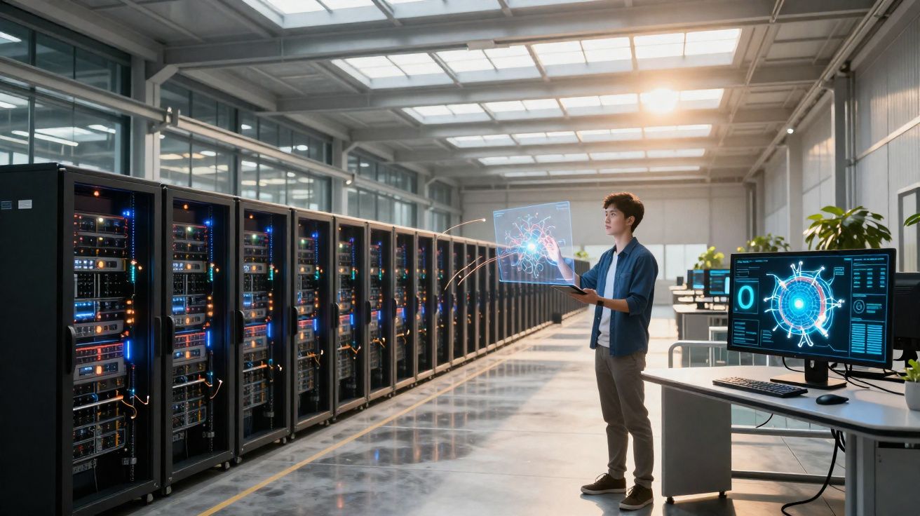 Técnico em sala de servidores interage com hologramas digitais numa grande sala tecnológica moderna.